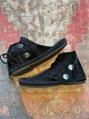 Minnetonka Black Suede Moccasins with Lace Detail